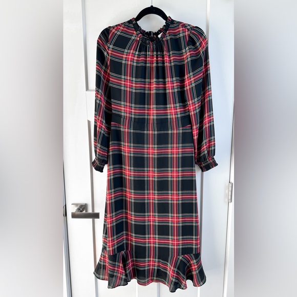 J Crew Black Red Tartan Plaid Ruffle Neck Peasant Midi Christmas Dress Size: 2 - Picture 3 of 10